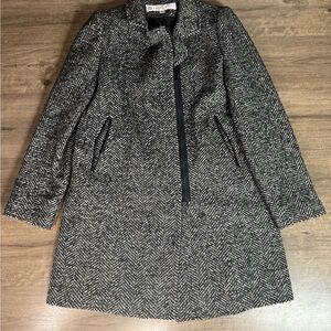 Trina Turk Wool Blend Front Zip Herringbone Womens Black/White Long Jacket 10
